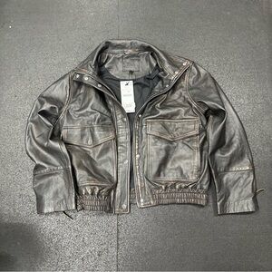 Zara Dark Brown Leather Bomber Jacket Size L NEW